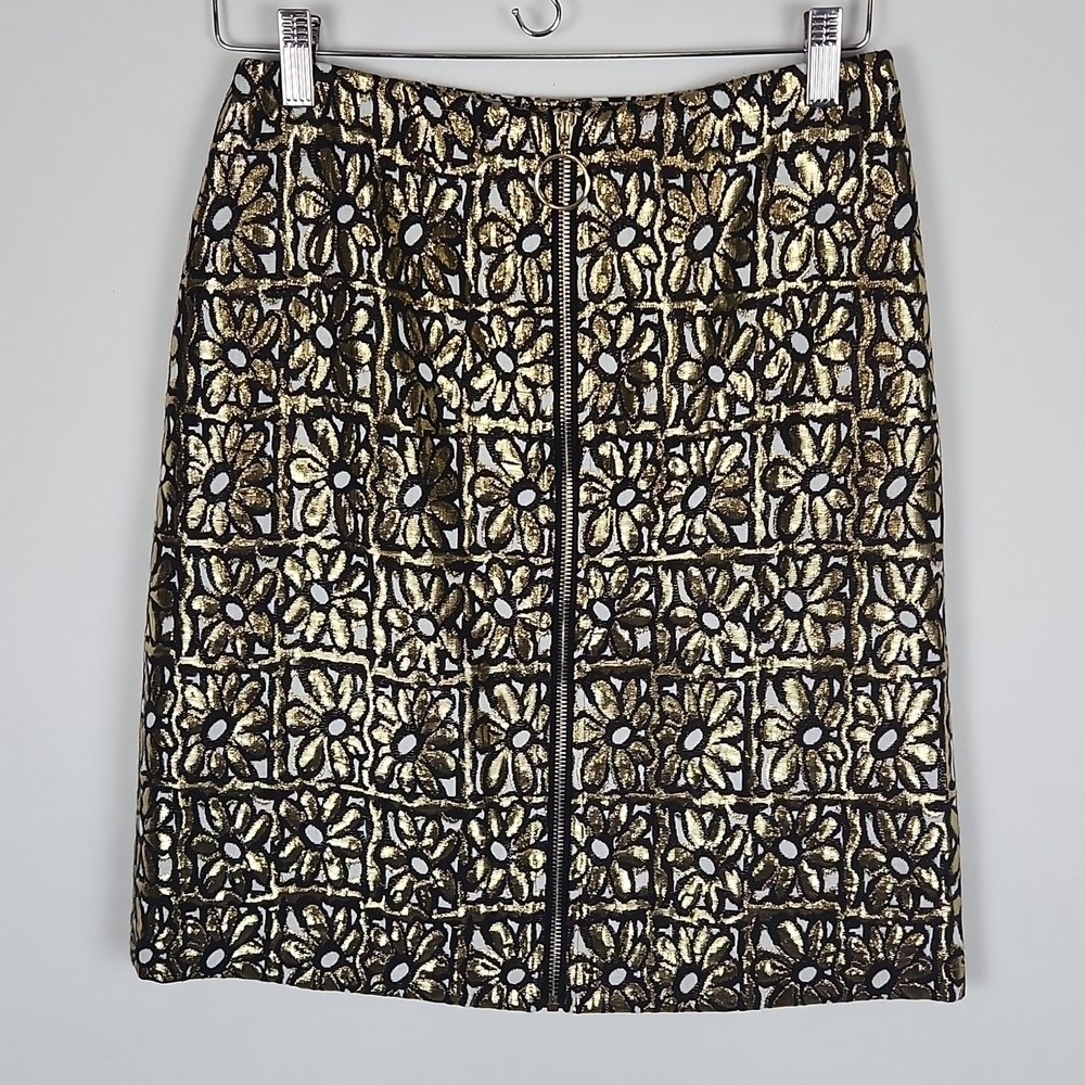 NWOT J. McLaughlin Black Gold Metallic Floral Jacquard Zip Front Skirt Size 2